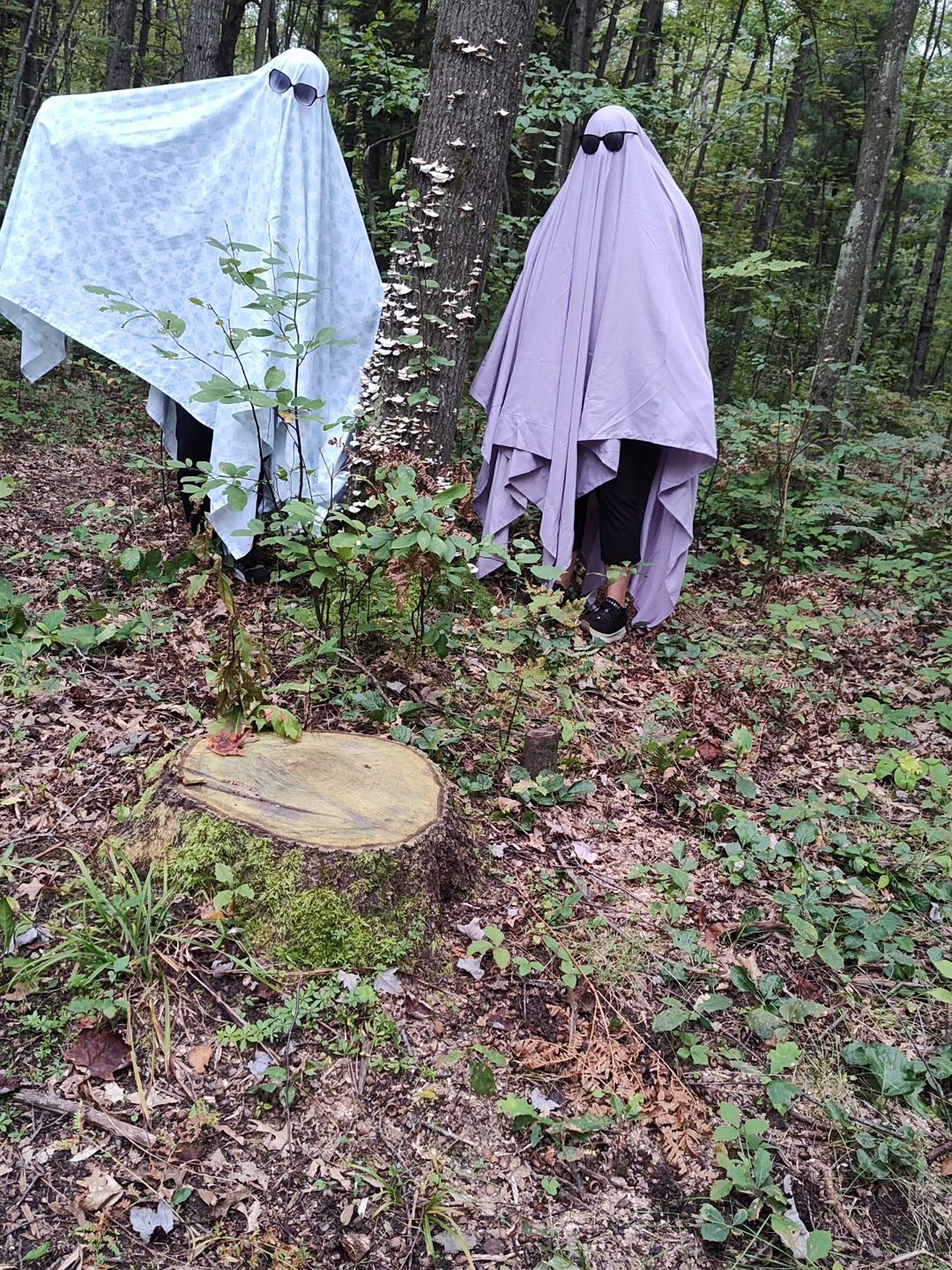Two sheet ghosts lurking among the trees in the woods at Rifle River